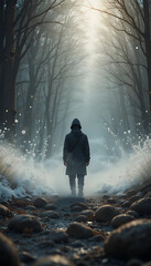 Obraz premium Person walking in the foggy forest