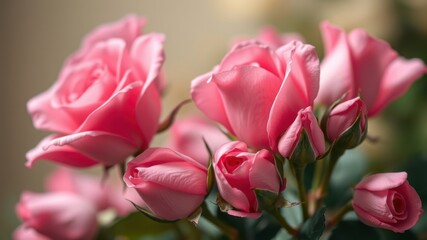 Obraz premium A delicate bouquet of pink roses with soft petals and green stems, capturing the beauty of blooming flowers.
