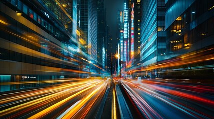 Obraz premium Night City Lights: Dynamic Urban Streetscape in Vibrant Motion Blur