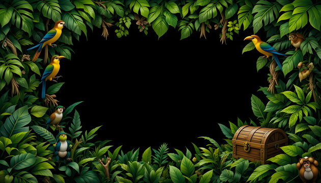 Tropical jungle border with birds, treasure chest, and copy space.