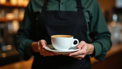 Barista hands present a cup of creamy coffee
