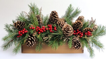 A beautifully wrapped Christmas gift box adorned with pine branches, pine cones, and red berries, creating a natural and elegant holiday aesthetic.