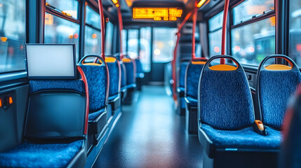 Fototapeta premium Empty city bus interior, winter, blurred street