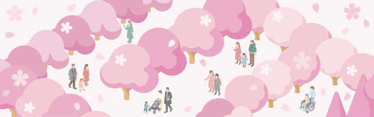 Fototapeta premium バナー アイソメトリック 人物 家族 ファミリー キッズ 春 お花見 さくら 桜 イラスト素材