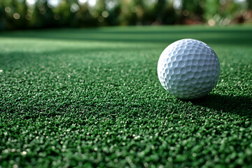 Obraz premium Golf ball on putting green, sunlit outdoors