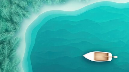 Obraz premium Tranquil Aerial View of a Serene Blue Water Body with a Small White Boat and Lush Greenery on the Shoreline for Peaceful Nature and Travel Themes