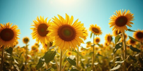 Obraz premium Sunflowers basking in the golden glow of a summer day, their vibrant yellow petals reaching towards the clear blue sky.