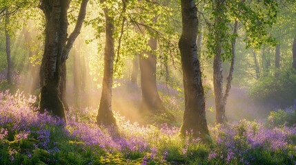 Obraz premium Enchanting forest with sunbeams and purple wildflowers in springtime
