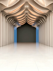 Futuristic corridor, elegant architecture, glowing entrance, modern design, background ideal for product showcase