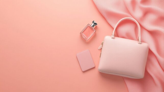 Soft Pink Handbag and Fragrance Bottle on a Pastel Background Featuring a Stylish and Elegant Composition Ideal for Fashion and Lifestyle Themes