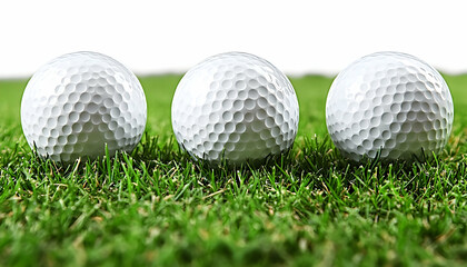 Three golf balls on green grass, white background
