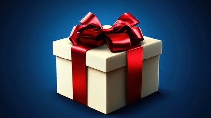 Obraz premium A beautifully wrapped gift box with a red satin ribbon, featuring a bow, placed on a bold blue background, ideal for sale banners or holiday promotions.