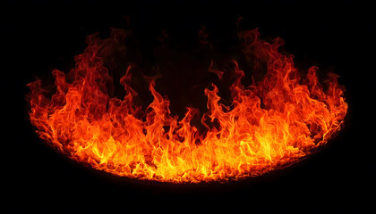 Fototapeta premium Quarter Ring of fire, vibrant orange red flames swirling dynamically on dark background, powerful, intensity, energy, power and dynamic visual branding.