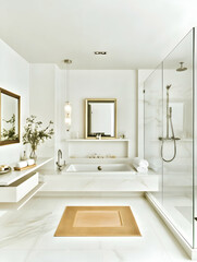 Luxurious modern bathroom with bathtub, shower, and marble flooring; perfect for real estate or interior design websites