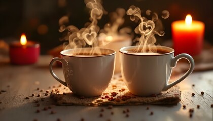 Warm coffee cups with heartshaped steam and cozy candles, ideal for intimate gatherings