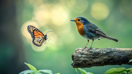 Fototapeta premium A Monarch Butterfly and a European Robin: A Serene Encounter in Nature's Embrace