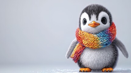 Fototapeta premium Adorable baby penguin wearing a colorful knitted scarf against a light gray background.