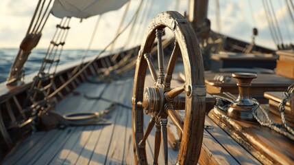 A Classic Wooden Ship's Wheel on a Sailing Vessel at Sea