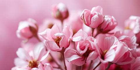 Obraz premium A close-up view of delicate pink flowers, their petals unfurling in a soft and graceful dance, revealing their delicate hearts and showcasing the beauty of nature's artistry.