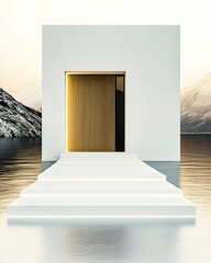 Minimalist house, lakefront setting, mountain backdrop, serene sunset. Architectural design visualization for real estate marketing