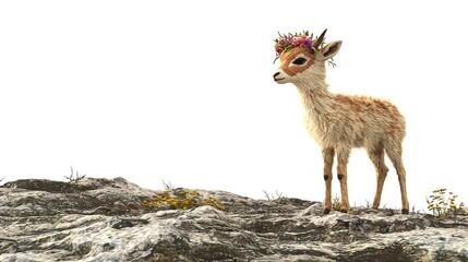 Naklejka premium Adorable fawn with flower crown standing on rocky outcrop against white background.