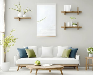 Minimalist living room interior design with white sofa, wooden shelves, and abstract art; peaceful atmosphere; ideal for home decor websites