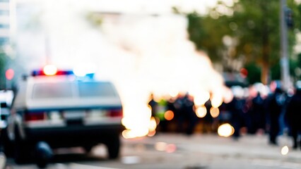 Flashing Lights Blur – A blurred image of flashing police lights illuminating a riot scene.
