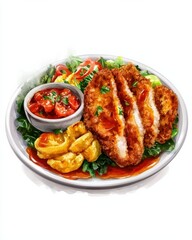 Crispy schnitzel plate with vegetables and sauce isolated on white background food high quality gourmet dish