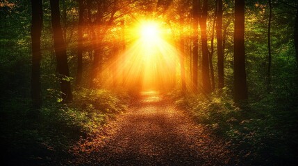 Obraz premium Sunbeams illuminate forest path at sunset.