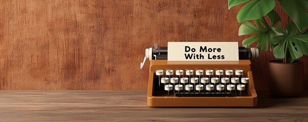 Frugal lifestyle concept. Vintage typewriter with a motivational quote on a rustic desk, complemented by a green plant in a pot.