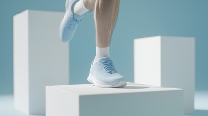 Runner in blue shorts starting block sport event studio setting dynamic perspective for athletic performance