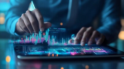 Businessman analyzing sales growth on a tablet
Businessman analyzing investment progress with charts
Businessman analyzing financial data for company decisions
Businessman analyzing a growth graph on 