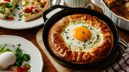 A delicious breakfast featuring a golden egg baked in a flaky pastry, garnished with fresh herbs, served with colorful side dishes.