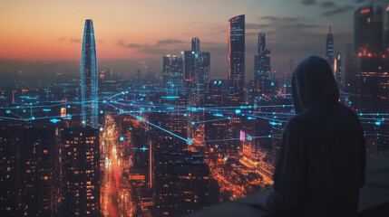 Naklejka premium Hacker are planning to hack and attack networks and cyber security systems. Smart digital city with connection cyber security network reciprocity over the cityscape .