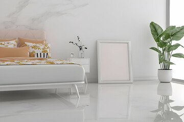 Modern bedroom interior design; white bed, plants, and empty frame; bright, minimalist style; ideal for home décor websites