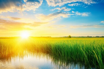 Fototapeta premium Serene Sunrise Over Lush Green Rice Field with Reflection in Calm Water Creating a Peaceful Atmosphere for Natural Landscapes