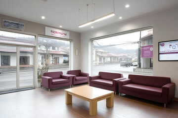 Fototapeta premium Modern clinic waiting room with mountain views; patients relax on comfortable seating. Ideal for healthcare or medical websites