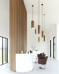 Modern hair salon interior design; sleek white reception, burgundy chairs, wood wall, large windows showing green field; perfect for real estate or business websites