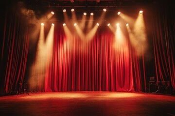 Elegant stage setup with deep red curtains and dramatic lighting theater venue performance environment artistic concept