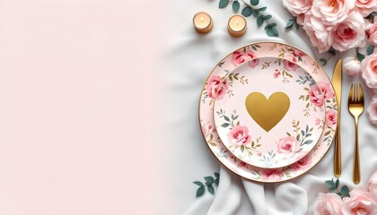 An Inviting and Romantic Table Setting Featuring Beautiful Floral Decor and Heart Motif