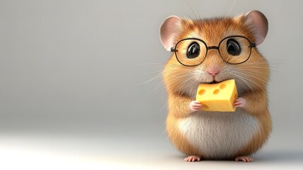 Cute cartoon hamster wearing glasses and eating cheese.