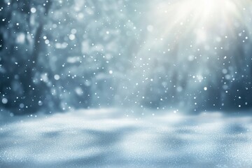 Fototapeta premium Snowy winter forest scene, sunlight, snowfall, background, holiday