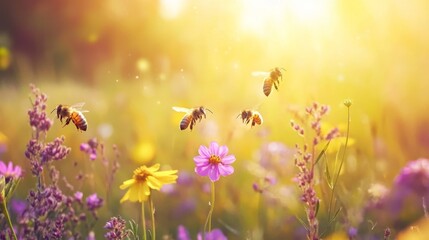 Sunlit Bees Pollinating Colorful Wildflowers