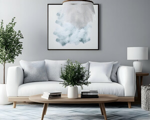 Modern living room interior design, featuring a white sofa, wooden coffee table, plants, and abstract wall art. Ideal for home decor blogs and magazines