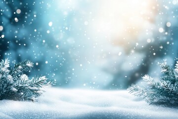 Naklejka premium Snowy winter forest scene; snow falling, branches; holiday background