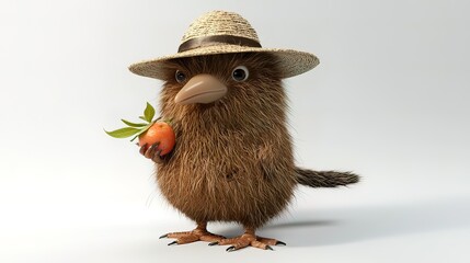 Obraz premium Cute cartoon kiwi bird wearing straw hat, holding orange.