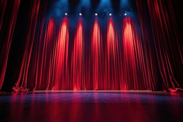 Empty performance stage with red curtain theater venue photography dramatic lighting frontal view anticipation of events