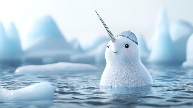 Cute cartoon narwhal in icy water, wearing a hat.