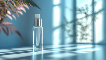Serum bottle, sunlight, window, plants, mockup