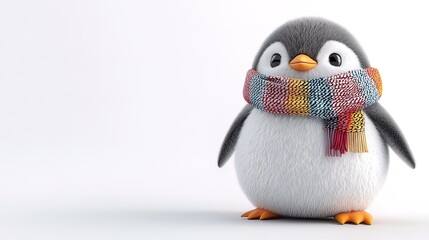 Fototapeta premium Cute cartoon penguin wearing a colorful scarf against a white background.